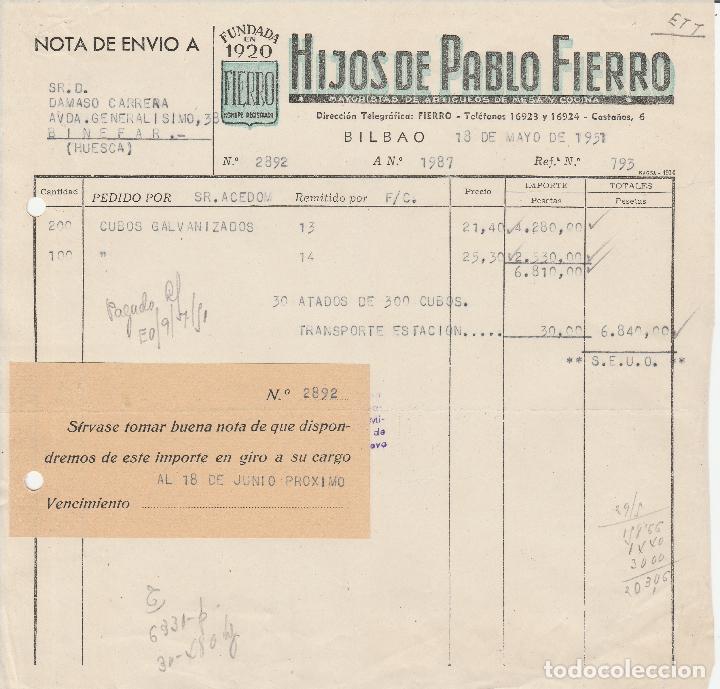 Fatture antiche: FACTURA. HIJOS DE PABLO FIERRO. MAYORISTA DE ARTICULOS DE MESA Y COCINA. BILBAO. 1951.