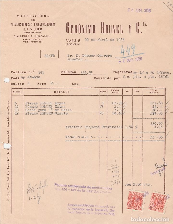 Fatture antiche: FACTURA. GER&Oacute;NIMO BRUNEL Y CIA.  MANUFACTURAS DE PULVERIZACIONES . VALLS-TARRAGONA. 1955.