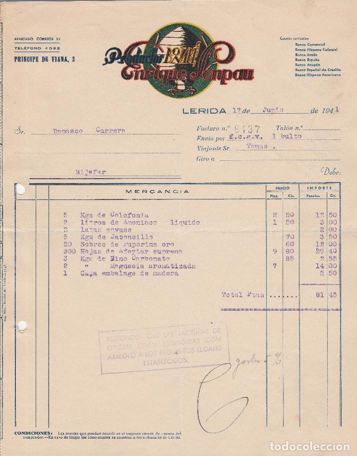 Fatture antiche: FACTURA. PRODUCTOS BONAB&Eacute;. ENRIQUE SENPAU.  L&Eacute;RIDA. 1941.