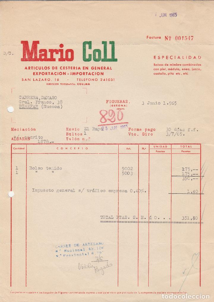 Fatture antiche: FACTURA. MARIO COLL. ART&Iacute;CULOS DE CESTER&Iacute;A EN GENERAL. FIGUERAS-GERONA. 1965.