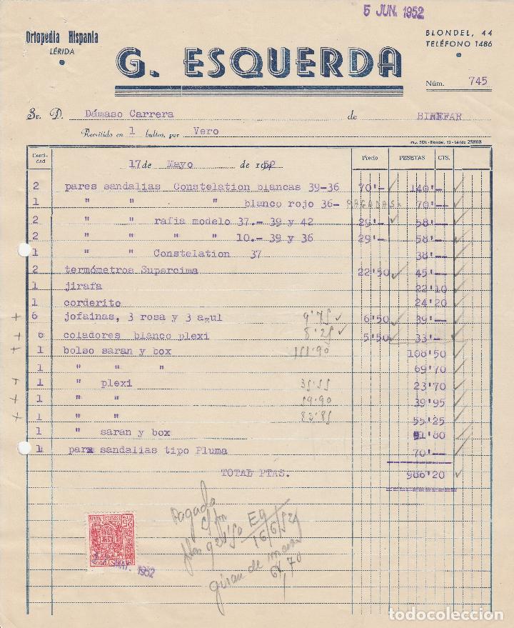 Fatture antiche: FACTURA. G. ESQUERDA. ORTOPED&Iacute;A HISPANIA.  L&Eacute;RIDA. 1952.
