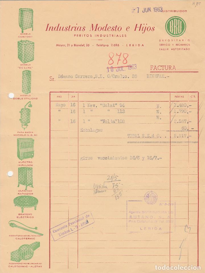 Fatture antiche: FACTURA. INDUSTRIAS MODESTO E HIJOS. PERITOS INDUSTRIALES. L&Eacute;RIDA. 1963.