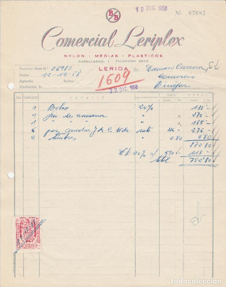 Fatture antiche: FACTURA. COMERCIAL LERIPLEX.  NYL&Oacute;N - MEDIAS - PL&Aacute;STICOS. L&Eacute;RIDA. 1958.