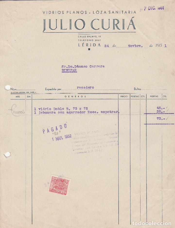 Fatture antiche: FACTURA.  JULIO CURI&Aacute;.  VIDRIOS PLANOS. LOZA SANITARIA.  L&Eacute;RIDA. 1951.