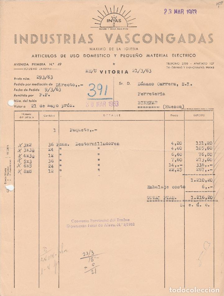 Fatture antiche: FACTURA. INDUSTRIAS VASCONGADAS. ART&Iacute;CULOS DE USO DOM&Eacute;STICO. VITORIA. 1963.