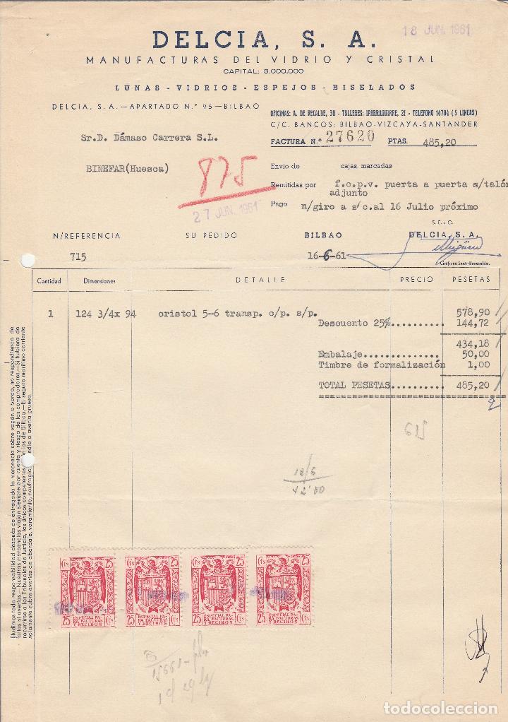 Old Invoices: FACTURA. DELCIA, S.A. MANUFACTURAS DEL VIDRIO Y CRISTAL. BILBAO. 1961.