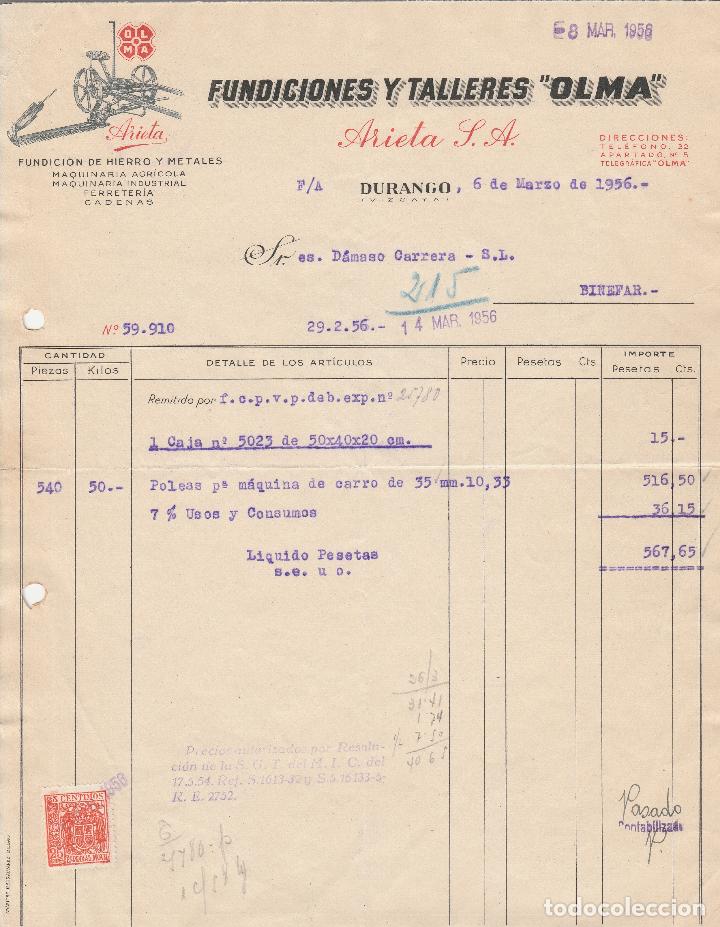 Old Invoices: FACTURA. FUNDICIONES Y TALLERES OLMA. FUNDICI&Oacute;N DE HIERROS Y METALES. DURANGO-VIZCAYA. 1956.