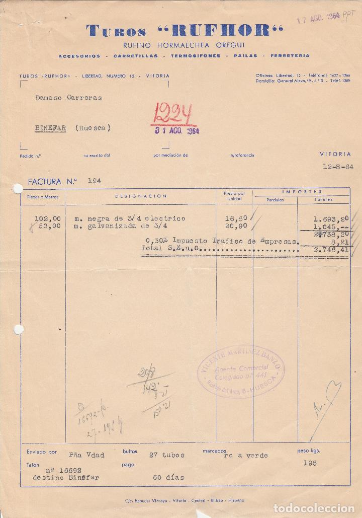 Old Invoices: FACTURA.  TUBOS. RUFHOR. RUFINO HORMAECHEA OREGUI. VITORIA. 1964.