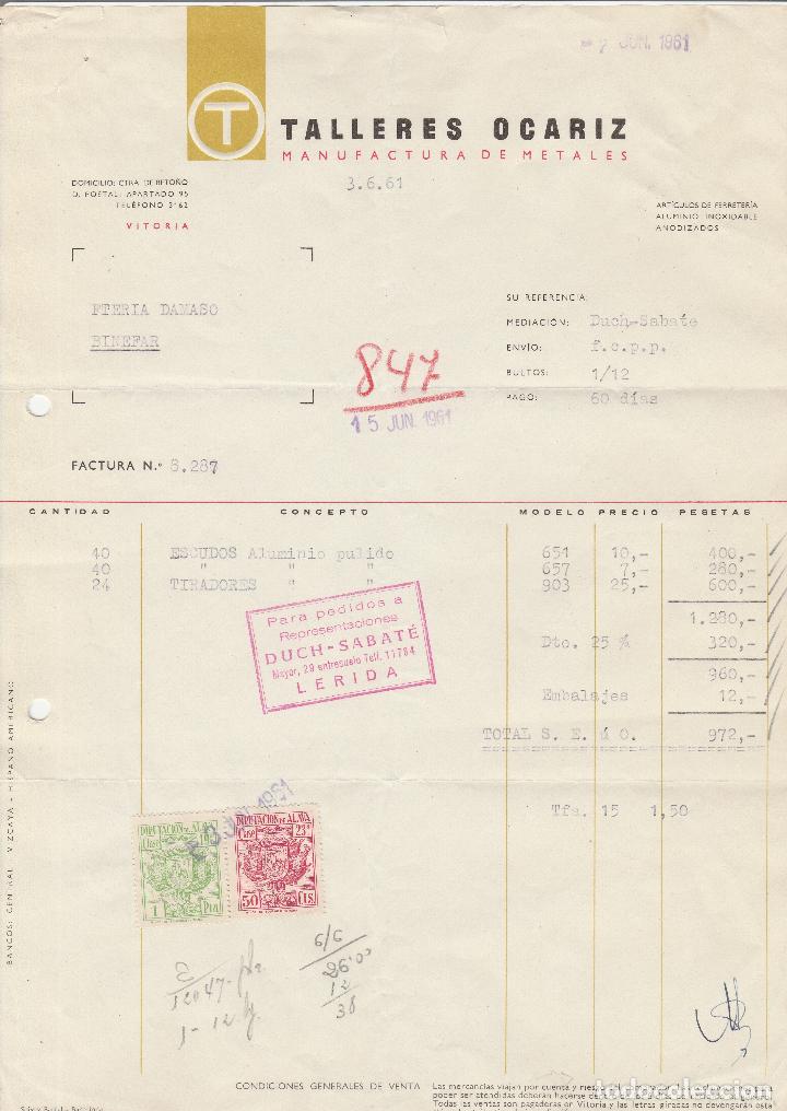 Old Invoices: FACTURA. TALLERES OCARIZ. MANUFACTURA DE METALES. VITORIA. 1961.