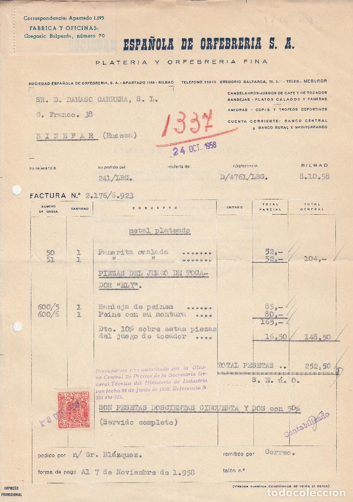 Old Invoices: FACTURA. SOCIEDAD ESPA&Ntilde;OLA DE ORFEBRER&Iacute;A.S.A. PLATERIA Y ORFEBRERIA FINA. BILBAO. 1958.