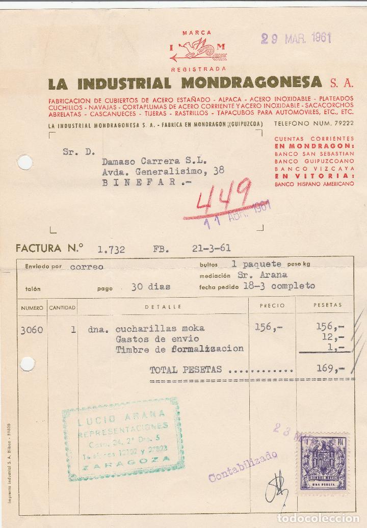 Old Invoices: FACTURA. LA INDUSTRIAL MONDRAGONESA. FABRICACI&Oacute;N DE CUBIERTOS DE ACERO. MONDRAGON. GUIPUZCOA. 1961.