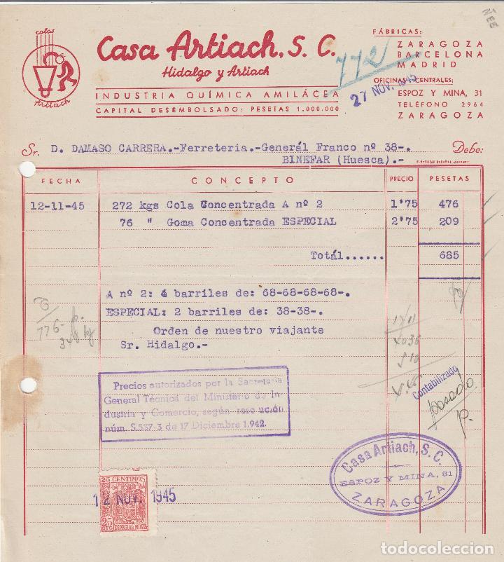 Old Invoices: FACTURA. CASA ARTIACH, S.C. INDUSTRIAS QU&Iacute;MICA AMIL&Aacute;CEA. ZARAGOZA. 1945