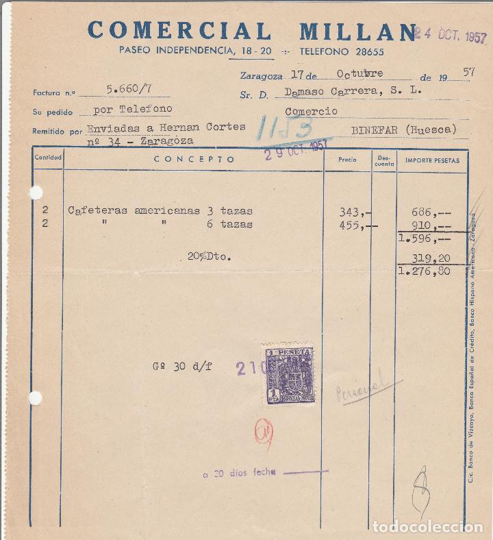 Old Invoices: FACTURA. COMERCIAL MILLAN. ZARAGOZA. 1958.