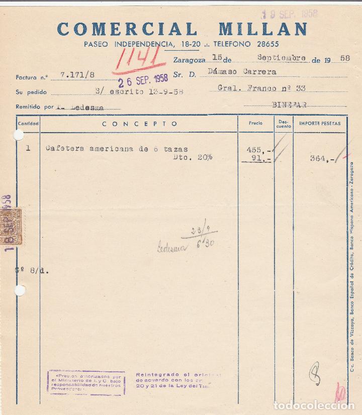 Old Invoices: FACTURA. COMERCIAL MILLAN. ZARAGOZA. 1958.