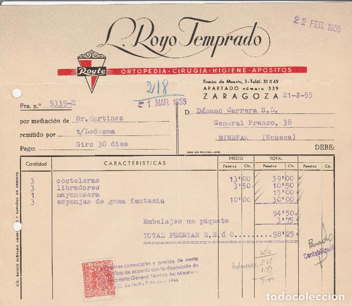 Old Invoices: FACTURA. L.ROYO TEMPRADO. ORTOPEDIA-CIRUGIA-HIGIENE-APOSITOS. ZARAGOZA. 1955.