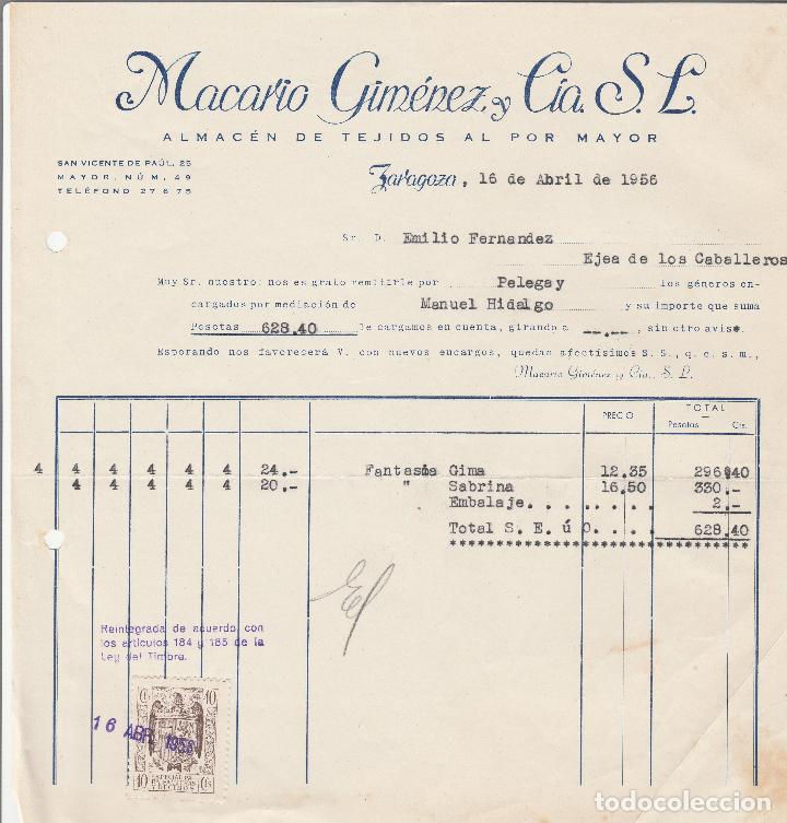 Old Invoices: FACTURA. MACARIO GIM&Eacute;NEZ Y CIA. S.L. ALMAC&Eacute;N DE TEJIDOS AL POR MAYOR.ZARAGOZA. 1956.