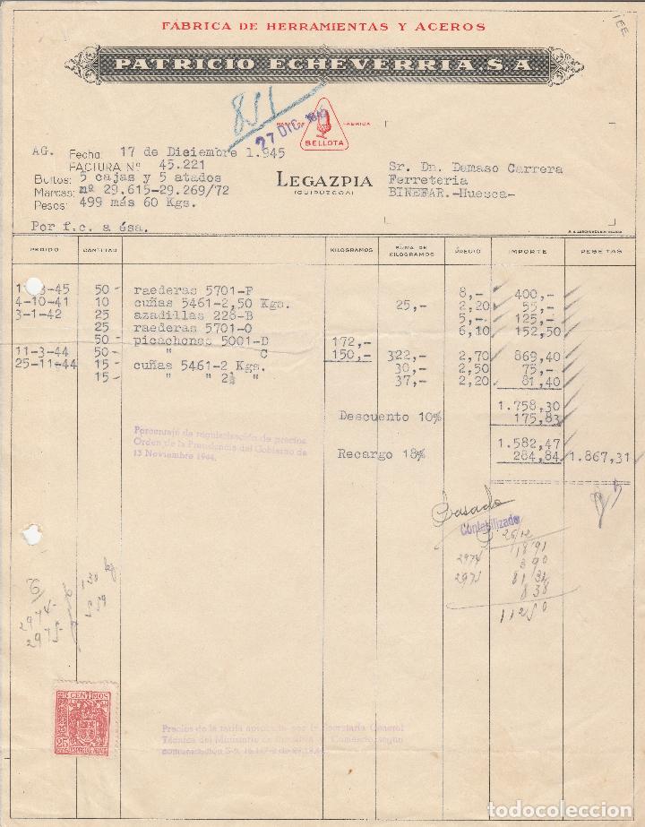 Old Invoices: FACTURA. PATRICIO ECHEVARRIA, S.A. FABRICA DE HERRAMIENTAS Y ACEROS. LEGAZPIA-GUIPUZCOA. 1945.