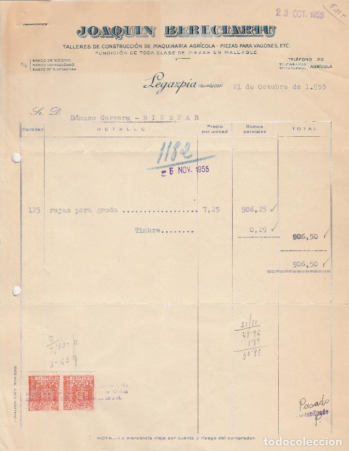 Old Invoices: FACTURA. JOAQUIN BERECIARIU. TALLERES CONSTRUCCI&Oacute;N DE MAQUINARIA AGR&Iacute;COLA. LEGAZPIA-GUIPUZCOA. 1955.