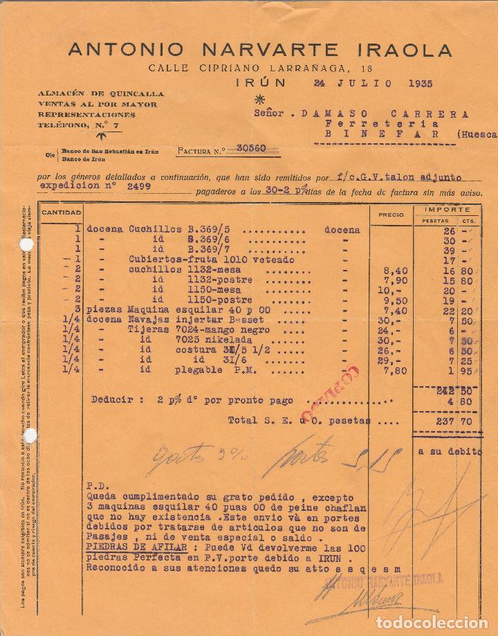 Old Invoices: FACTURA. ANTONIO NARVARTE IRAOLA. ALMAC&Eacute;N DE QUINCALLA.  IR&Uacute;N . 1935