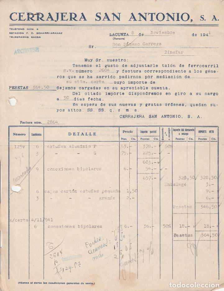 Old Invoices: FACTURA. CERRAJER&Iacute;A SAN ANTONIO, S.A. LAGUNZA-NAVARRA. 1941.