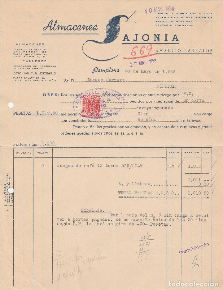 Old Invoices: FACTURA. ALMACENES SAJONIA. DECORACI&Oacute;N DE PORCELANA.TALLADO DE CRISTAL. PAMPLONA. 1958.