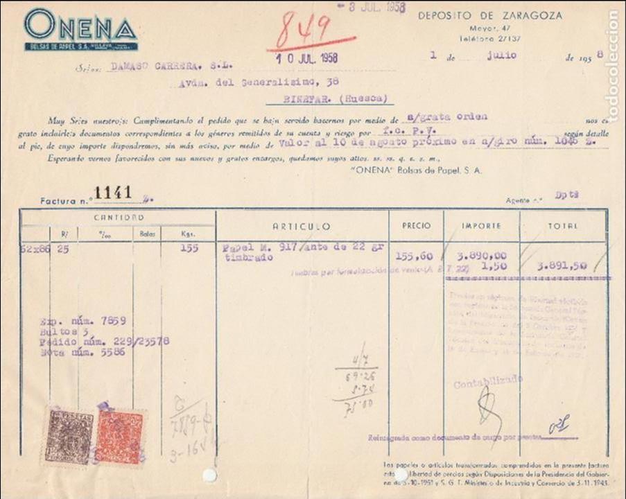 Old Invoices: FACTURA. ONEMA. BOLSAS DE PAPEL, S.A. ZARAGOZA. 1958.