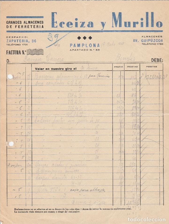 Old Invoices: FACTURA. ECEIZA Y MURILLO. ALMACENES DE FERRETERIA. PAMPLONA. 1941.