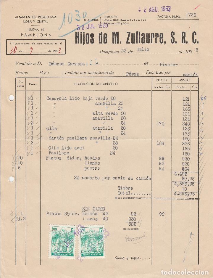 Old Invoices: FACTURA. HIJOS DE M.ZUFIAURRE, S.R.C. ALMACEN DE PORCELANA Y LOZA. PAMPLONA. 1963.