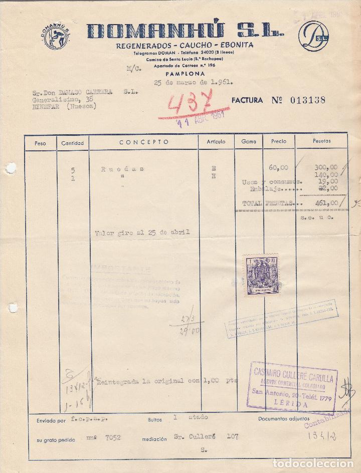 Old Invoices: FACTURA. DOMANH&Uacute; S.L. REGENERADOS - CAUCHO- EBONITA. PAMPLONA. 1961.