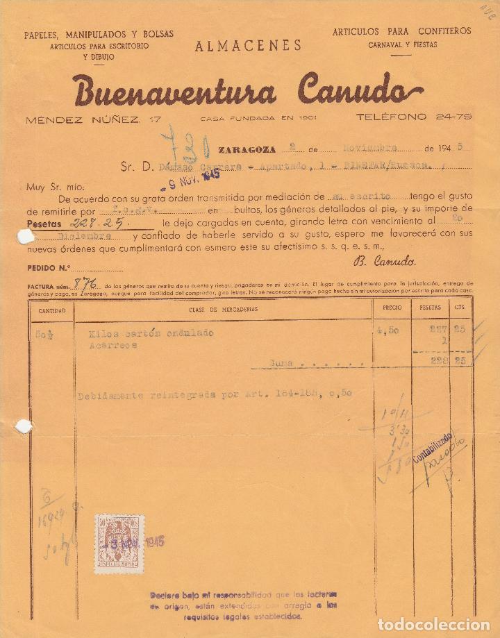 Fatture antiche: FACTURA. BUENAVENTURA CANUDO. PAPELES, MANIPULADOS, BOLSAS. ART&Iacute;CULOS PARA CONFITEROS.ZARAGOZA 1945.