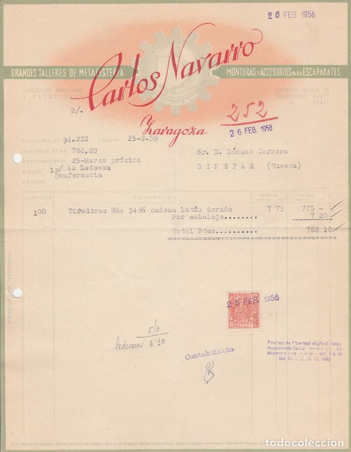 Fatture antiche: FACTURA. CARLOS NAVARRO. MONTURAS Y ACCESORIOS PARA ESCAPARATES. ZARAGOZA. 1958.
