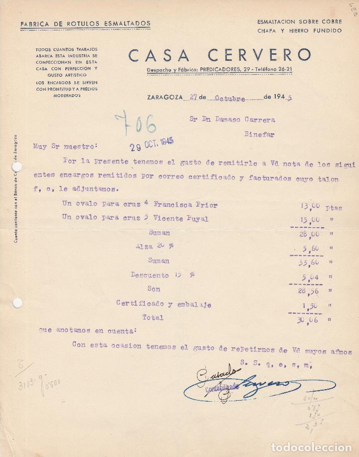 Fatture antiche: FACTURA. CASA CERVERO. F&Aacute;BRICA DE R&Oacute;TULOS ESMALTADOS. ZARAGOZA. 1945.
