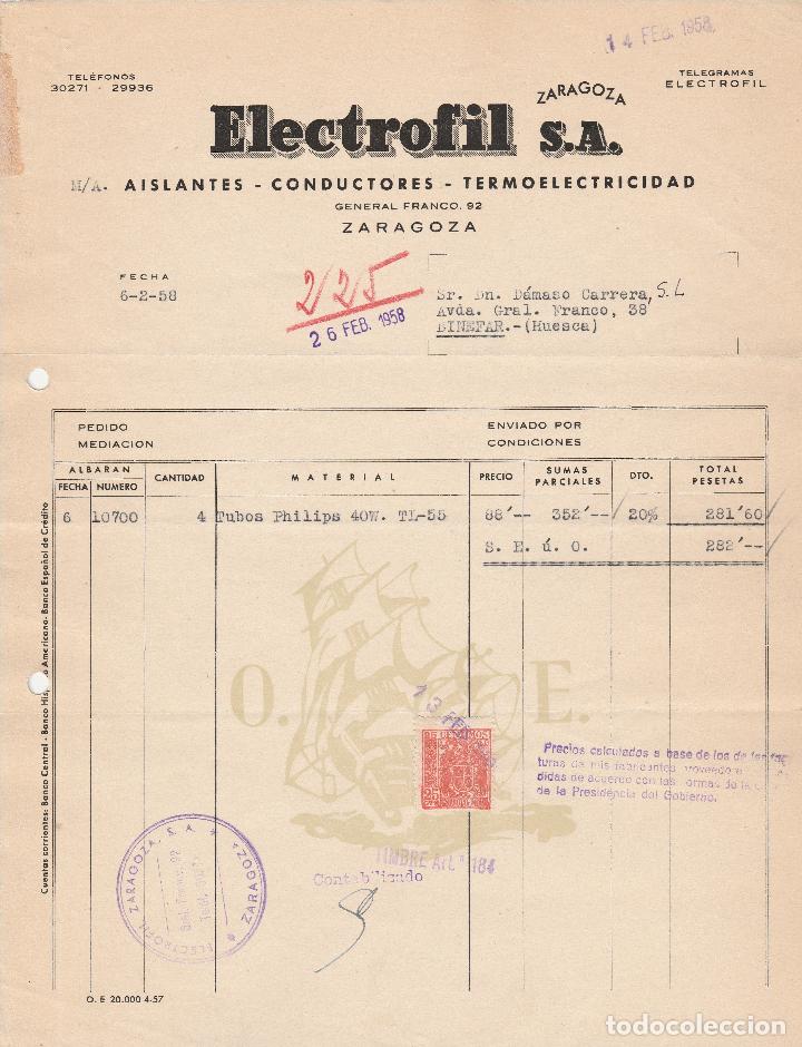 Fatture antiche: FACTURA. ELECTROFIL S.A. AISLANTES-CONDUCTORES-TERMOELECTRICIDAD. ZARAGOZA. 1958.
