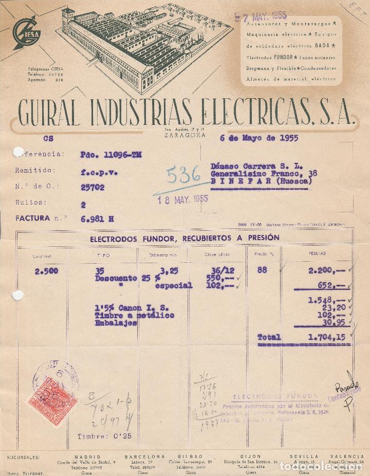 Fatture antiche: FACTURA. GUIRAL INDUSTRIAS EL&Eacute;CTRICAS, S.A ASCENSORES Y MONTACARGAS. ZARAGOZA. 1955.