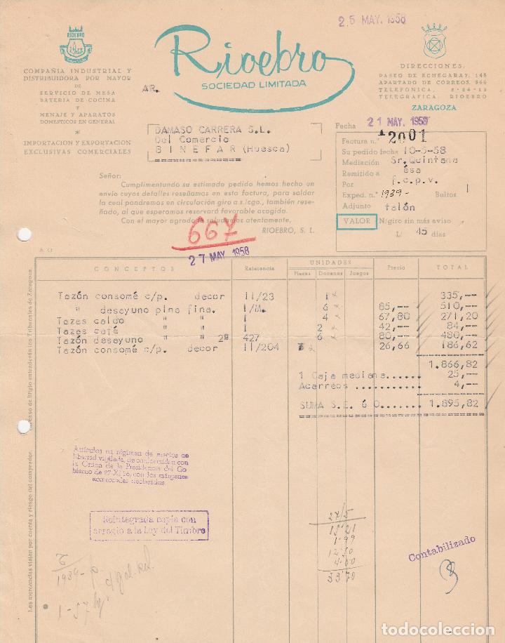 Alte Rechnungen: FACTURA. RIOEBRO. SOCIEDAD LIMITADA. BATER&Iacute;A DE COCINA. MENAJE. ZARAGOZA. 1958.