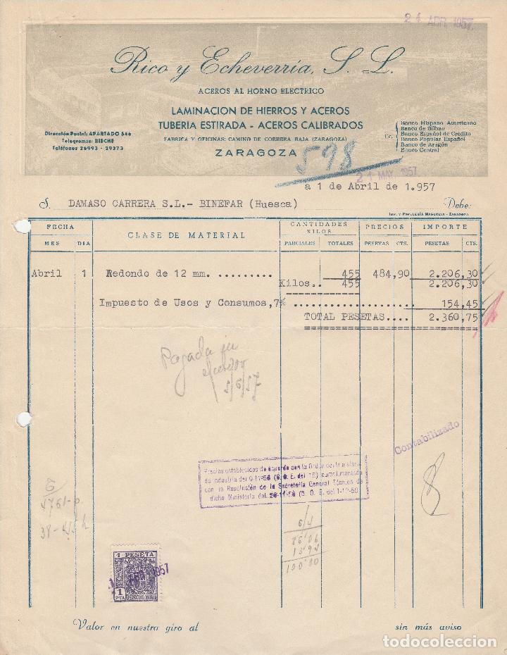 Alte Rechnungen: FACTURA. RICO Y ECHEVERRIA, S.L. ACEROS AL HORNO EL&Eacute;CTRICO. ZARAGOZA. 1957.