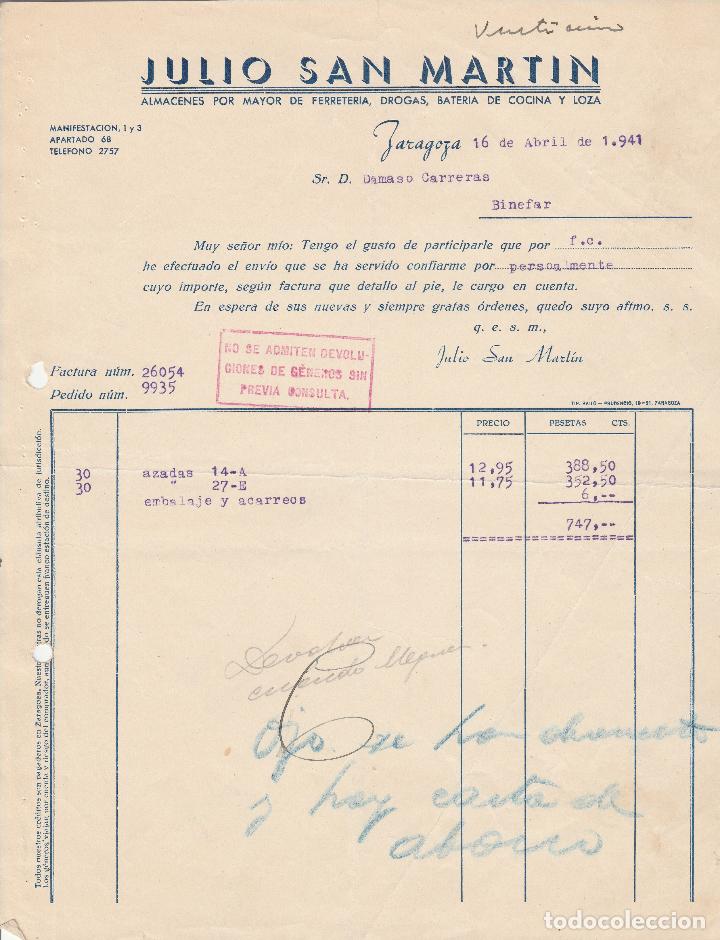 Alte Rechnungen: FACTURA. JULIO SAN MARTIN. ALMACENES AL POR MAYOR DE FERRETERIA. BATERIA DE COCINA. ZARAGOZA. 1941.
