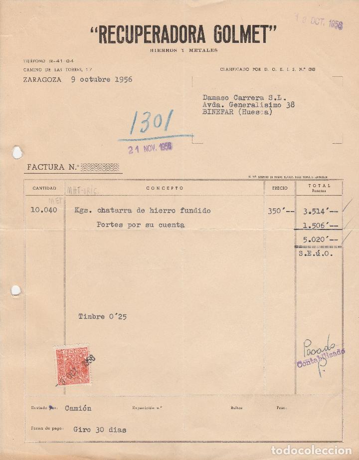Alte Rechnungen: FACTURA. RECUPERADORA GOLMET. HIERROS METALES CHATARRAS. ZARAGOZA. 1956.