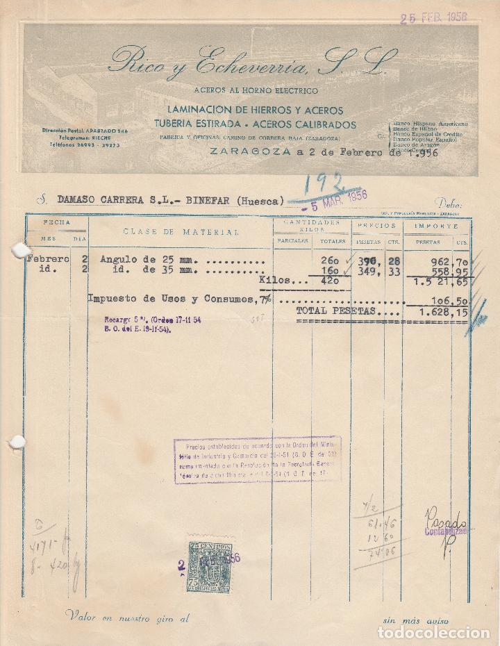 Alte Rechnungen: FACTURA. RICO Y ECHEVERRIA, S.L. ACEROS AL HORNO EL&Eacute;CTRICO. ZARAGOZA. 1956.