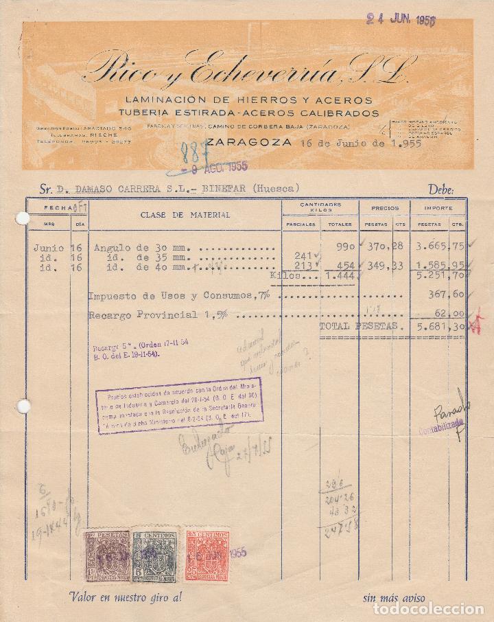 Fatture antiche: FACTURA. RICO Y ECHEVERRIA, S.L. LAMINACI&Oacute;N DE HIERROS Y ACEROS. ZARAGOZA. 1955.