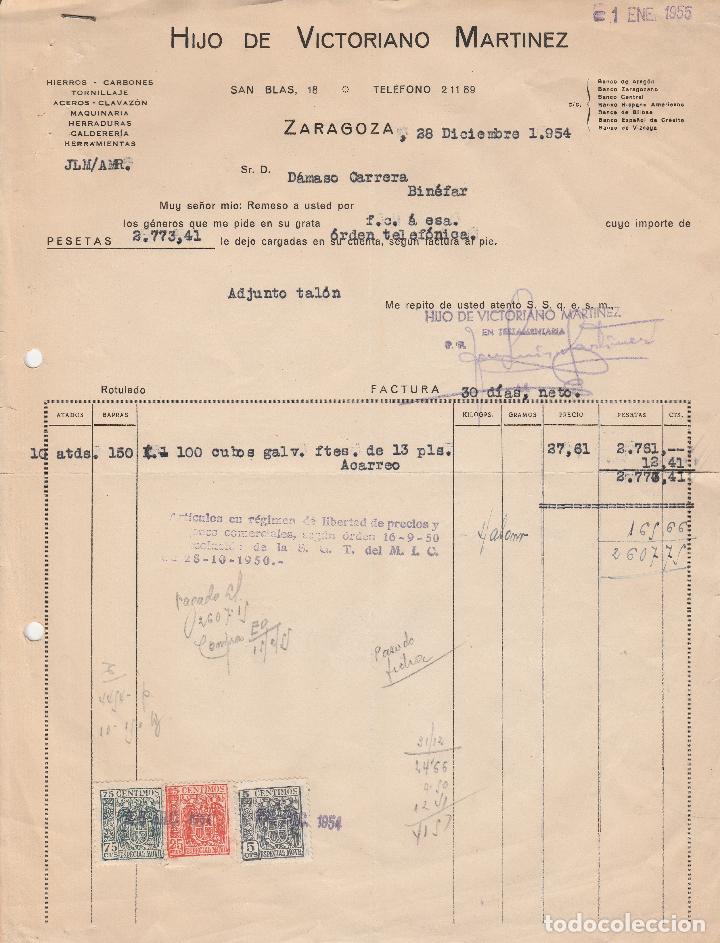 Fatture antiche: FACTURA. HIJO DE VICTORIANO MARTINEZ. HIERROS-CARBONES-TORNILLAJE. ZARAGOZA. 1954.