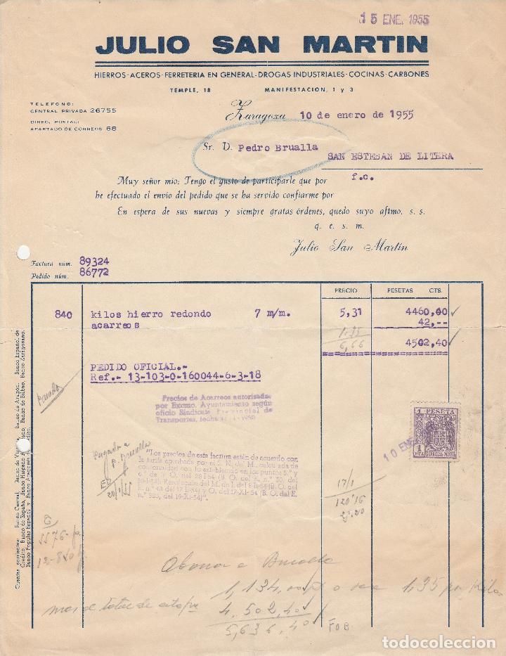 Fatture antiche: FACTURA. JULIO SAN MARTIN. HIERROS-ACEROS-FERRETER&Iacute;A EN GENERAL. ZARAGOZA. 1955.