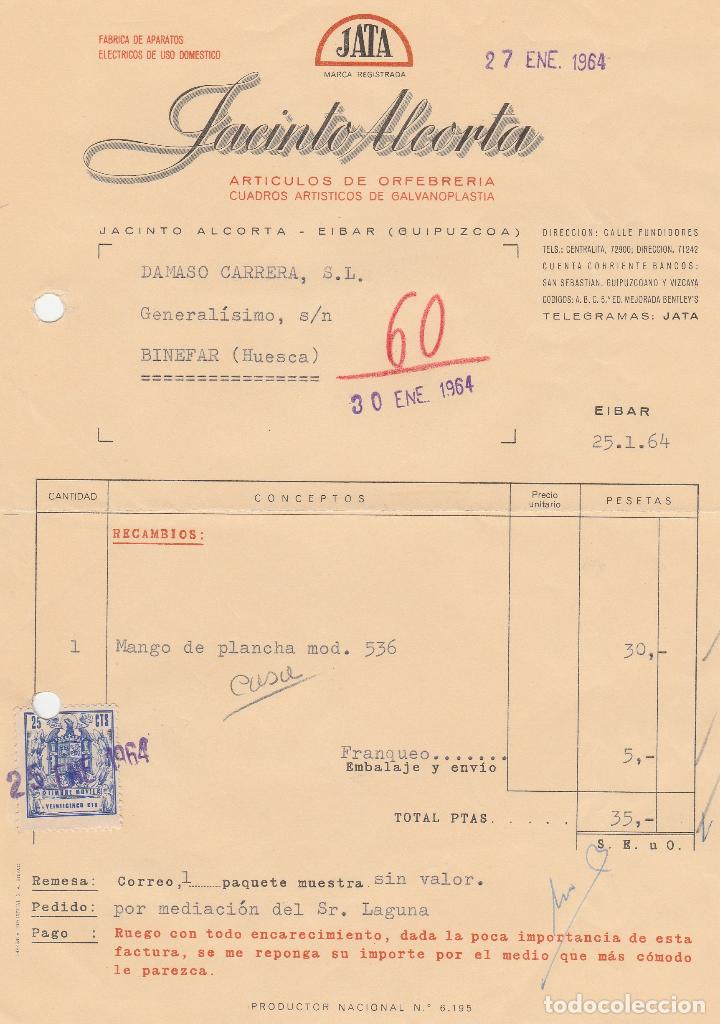 Fatture antiche: FACTURA. JACINTO ALCORTA. ARTICULOS DE ORFEBRERIA. JATA. EIBAR-GUIPUZCOA. 1964.