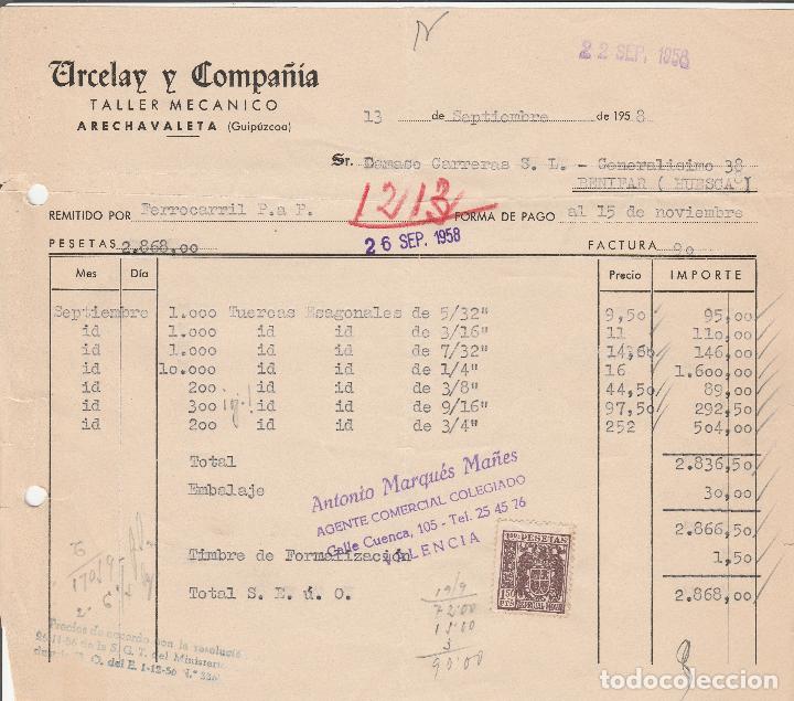 Fatture antiche: FACTURA. ARCELAY Y COMPA&Ntilde;IA. TALLER MEC&Aacute;NICO. ARECHAVALETA-GUIPUZCOA. 1958.