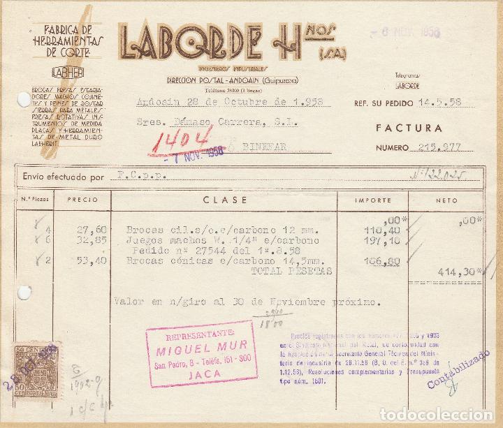 Fatture antiche: FACTURA. LSABORDE HNOS. S.A. F&Aacute;BRICA DE HERRAMIENTAS DE CORTE. ANDOAIN-GUIPUZCOA.
