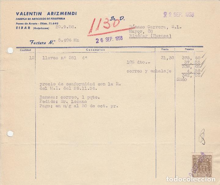 Fatture antiche: FACTURA. VALENTIN ARIZMENDI. F&Aacute;BRICA DE ARTICULOS DE FERRETERIA. EIBAR - GUIPUZCOA. 1958.