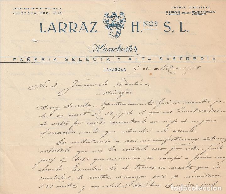 Fatture antiche: FACTURA. LARRAZ HNOS S.L. PA&Ntilde;ER&Iacute;A SELECTA Y ALTA SASTRER&Iacute;A. ZARAGOZA. 1950