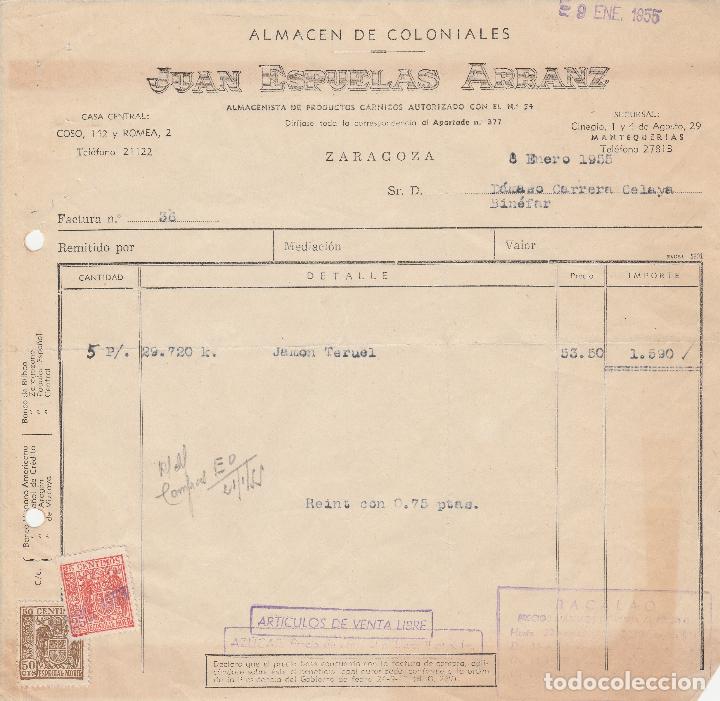 Fatture antiche: FACTURA. JUAN ESPUELAS ARRANZ. ALMACENISTA DE PRODUCTOS CARNICOS. ZARAGOZA. 1955.
