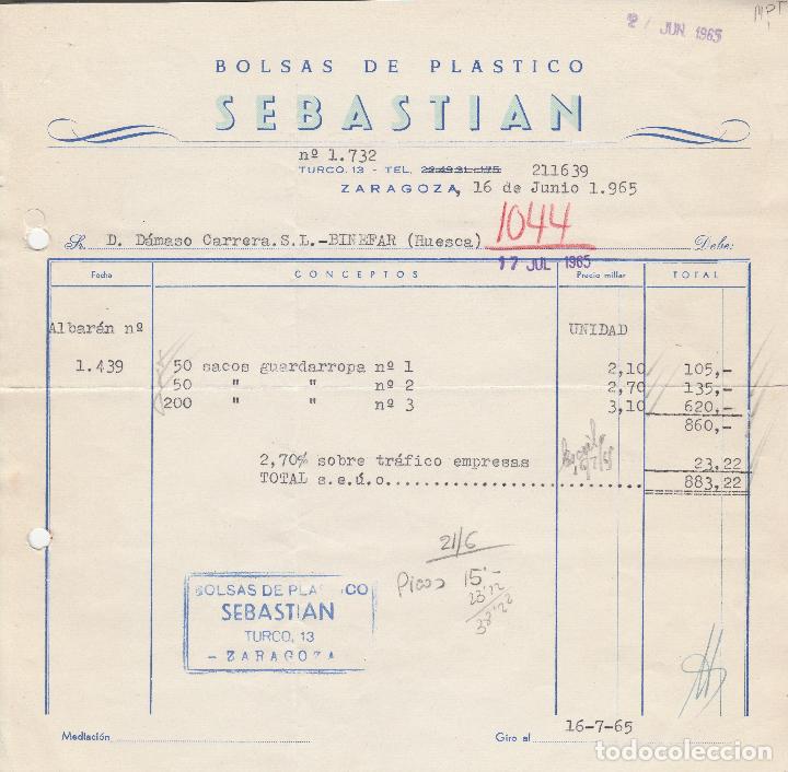 Fatture antiche: FACTURA. BOLSAS DE PLASTICO. SEBASTIAN. ZARAGOZA. 1965.