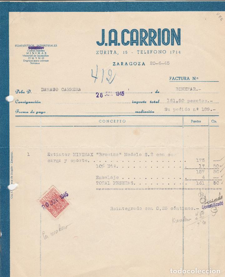 Fatture antiche: FACTURA. J.A.CARRION. SUMINISTROS INDUSTRIALES. COFRES FUERTES. ZARAGOZA. 1945.